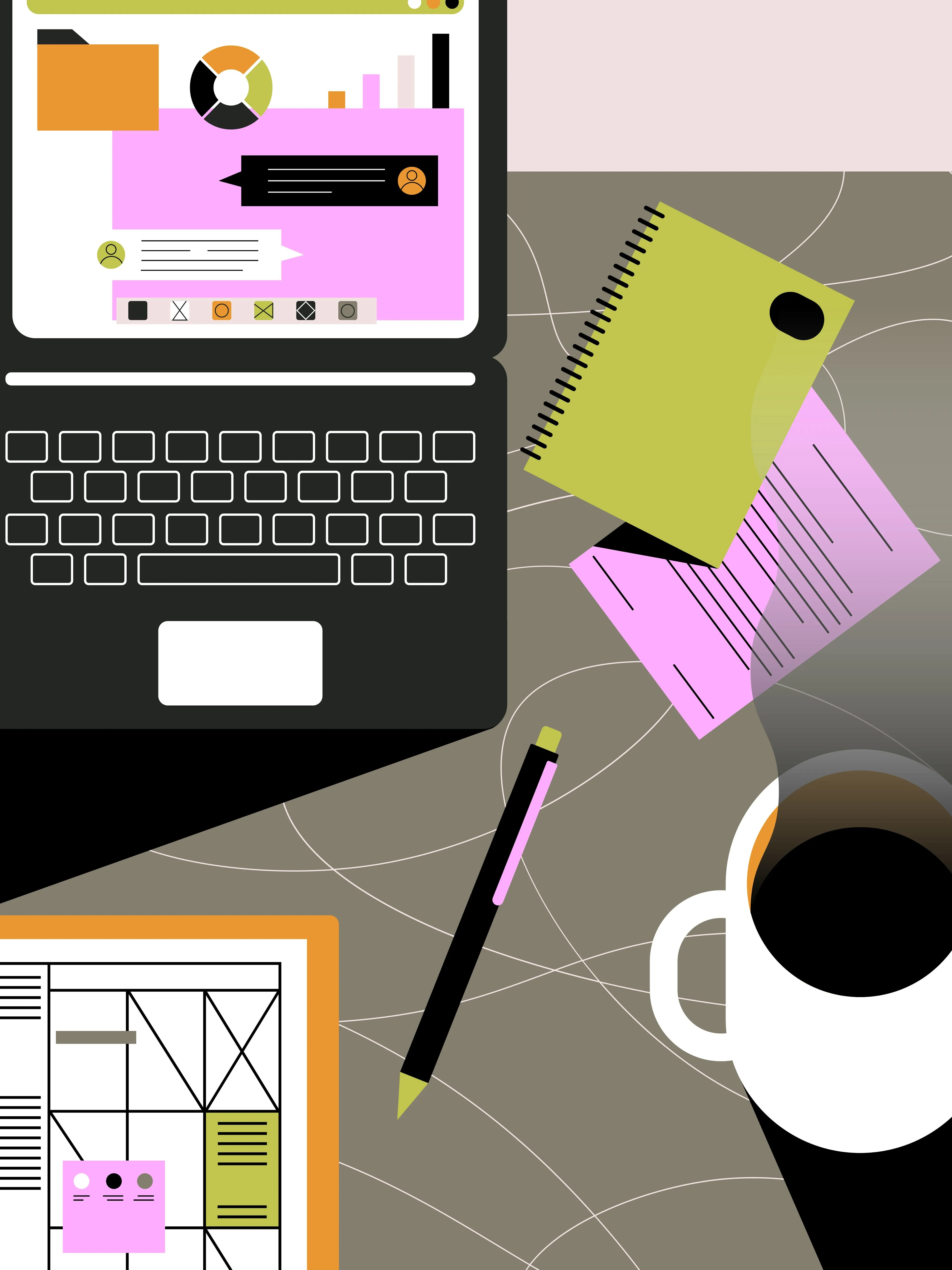 Digital workspace with laptop, documents, and productivity tools