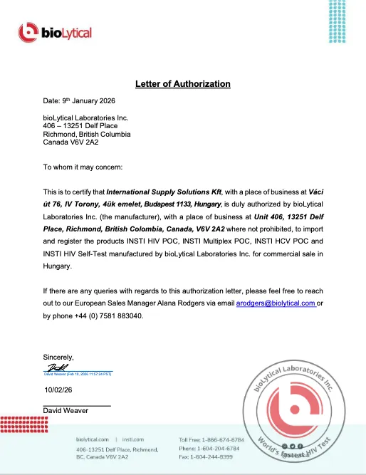 Authorization Letter - bioLytical Laboratories